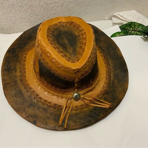 HAND-CRAFTED/TOOLED Cowhide Leather Cowboy/Trail/Riding Hat Horse Head Sz 9 - Picture 3 of 7